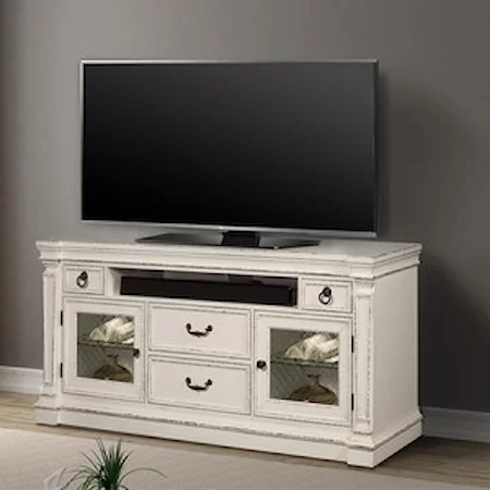 Cottage 74 inch TV Console with Built-In Power Strip and LED Lighting